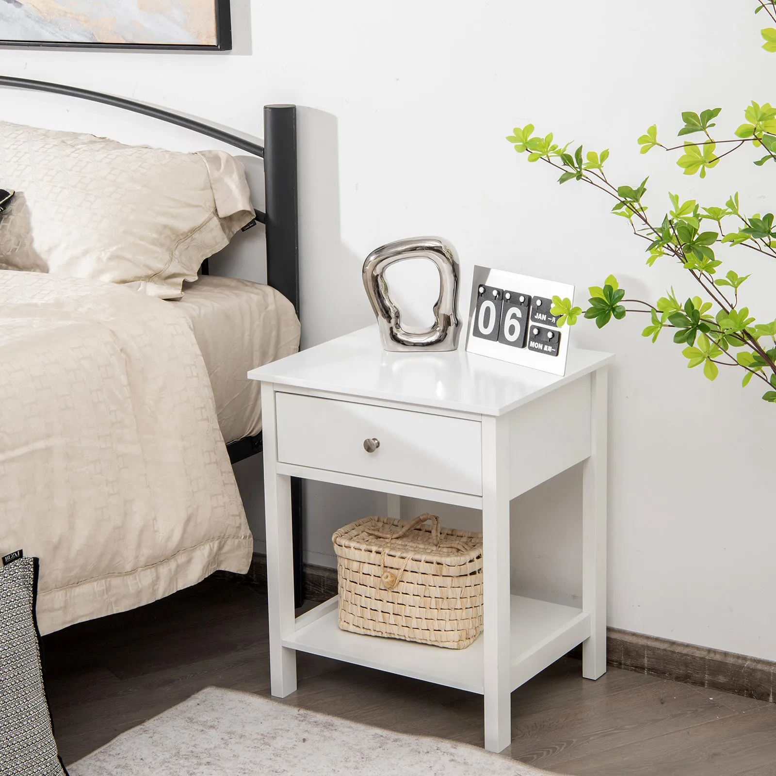 2 Pieces Wooden Nightstand with Drawer and Storage Shelf-White