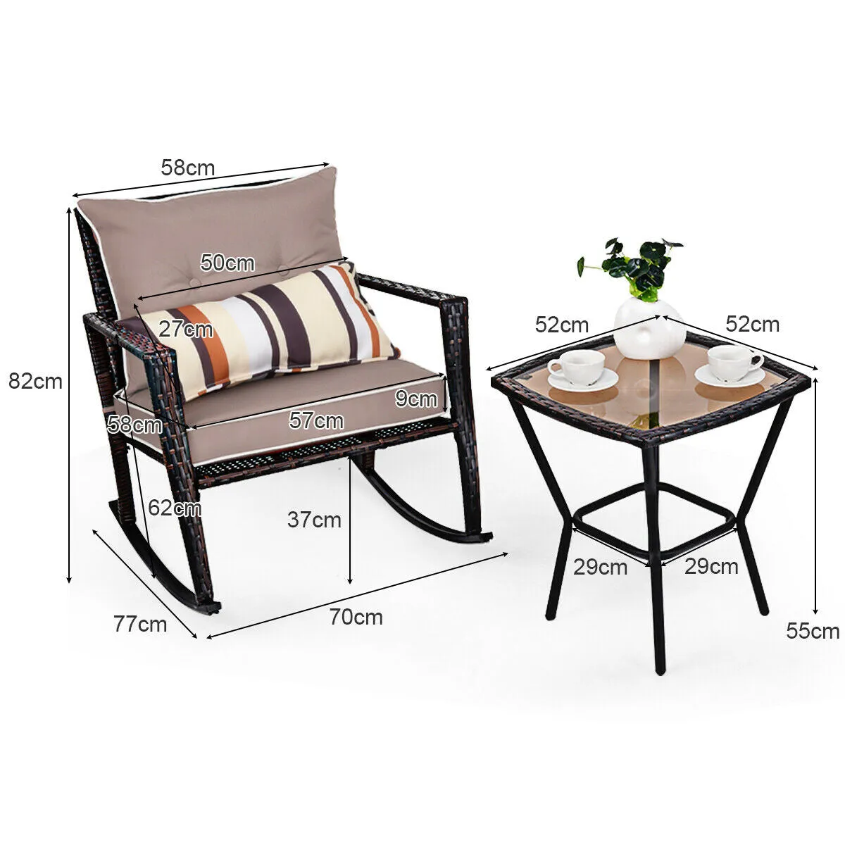 3 Pieces Rattan Wicker Rocking Bistro Set with Waist Pillow