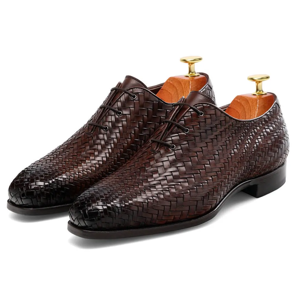 7CM/2.76Inches - CMR CHAMARIPA High Heel Men Dress Shoes Oxford Elevator Shoes Brown Woven Upper