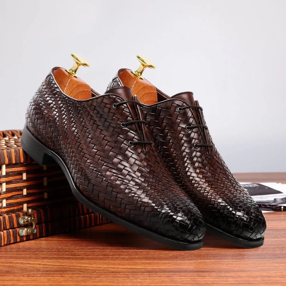 7CM/2.76Inches - CMR CHAMARIPA High Heel Men Dress Shoes Oxford Elevator Shoes Brown Woven Upper