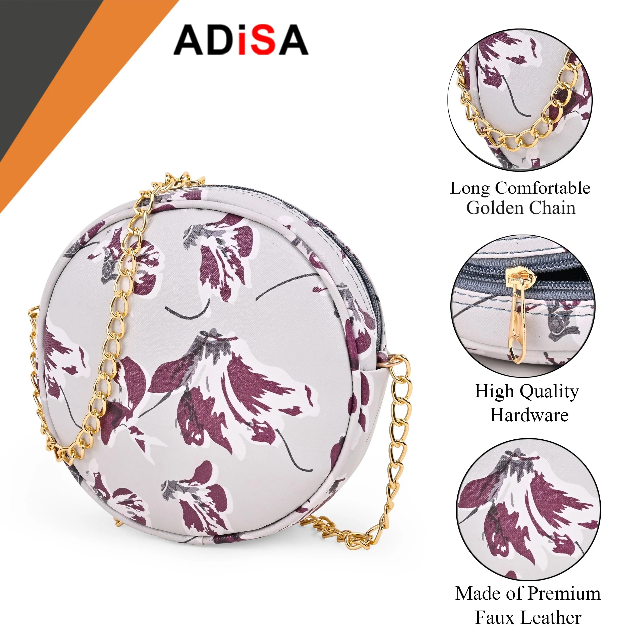 ADISA Women Girls Floral Print Round Sling Bag (Grey-Burgundy)