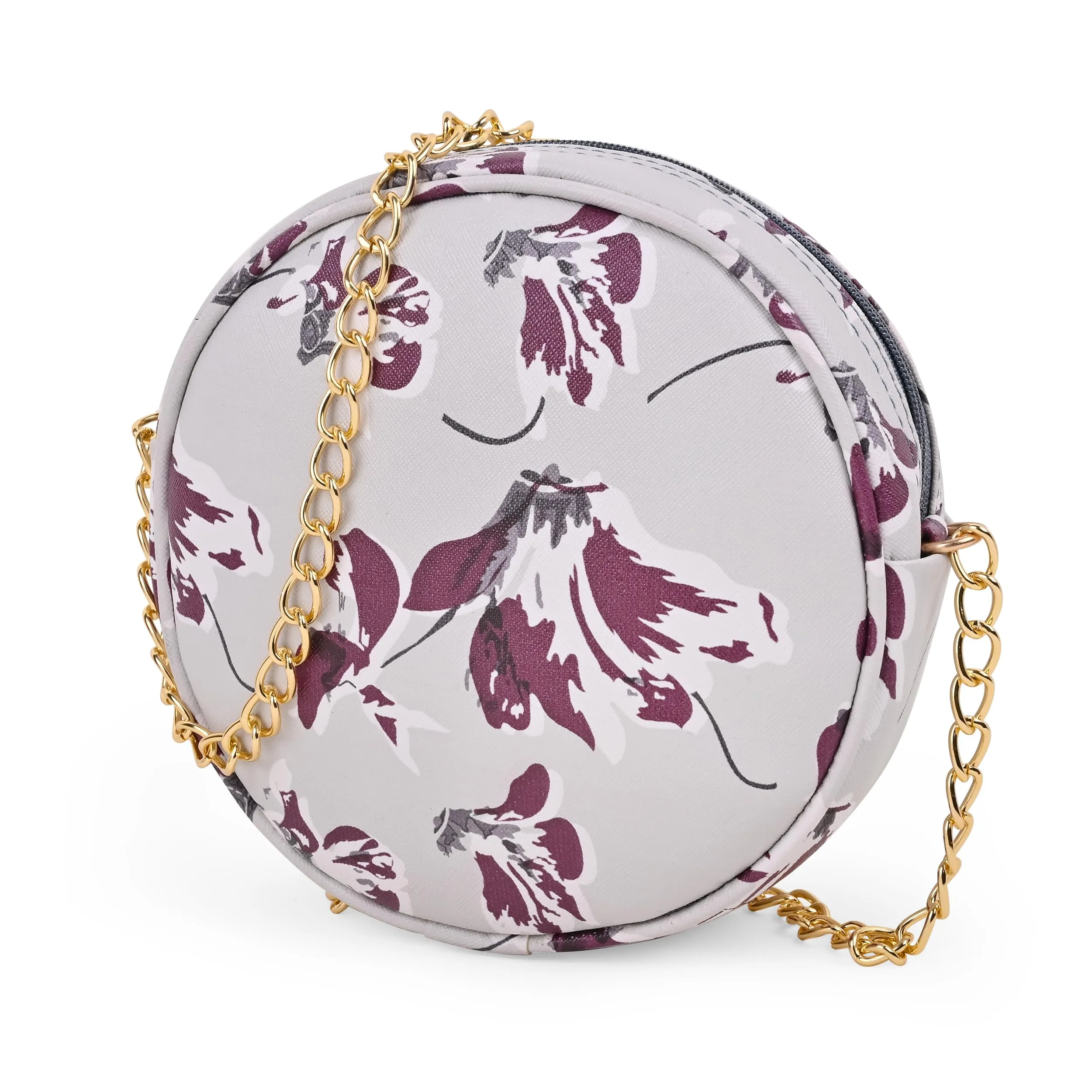 ADISA Women Girls Floral Print Round Sling Bag (Grey-Burgundy)