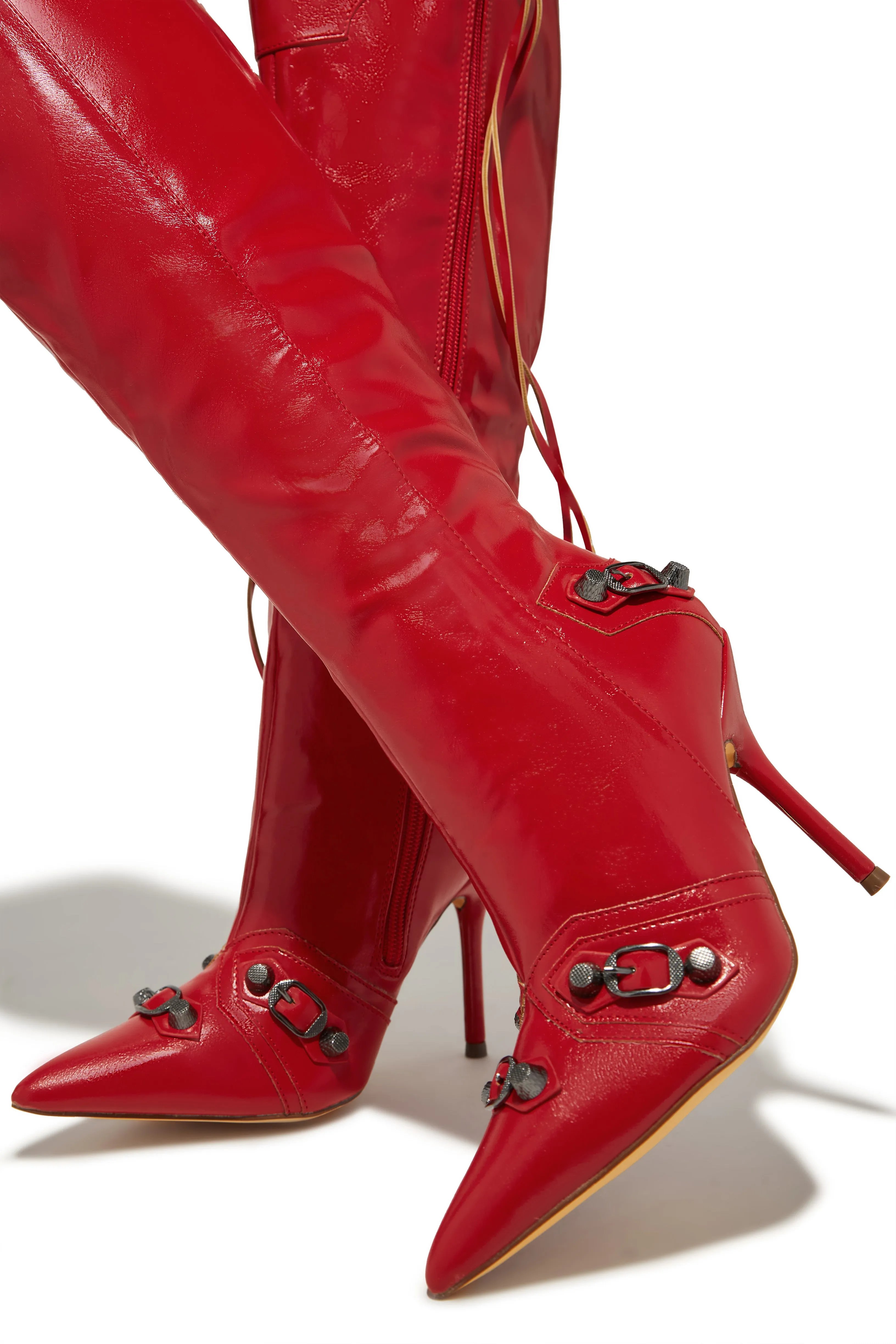 Adison Metallic Knee High Boots - Red