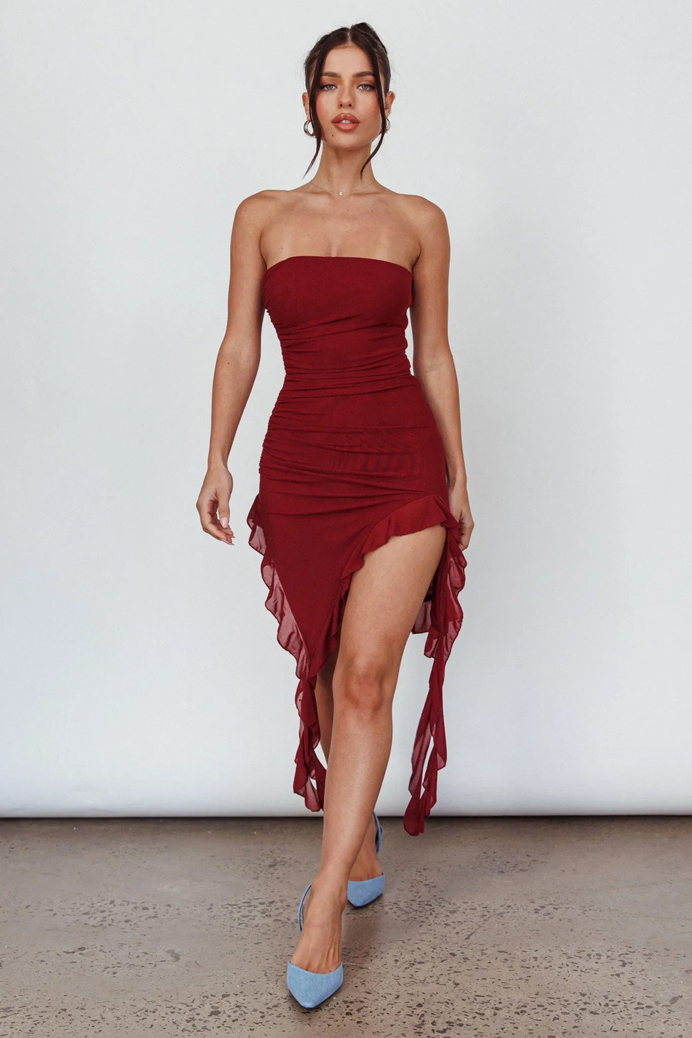 After Party Ruffle Trim Mini Dress Sangria