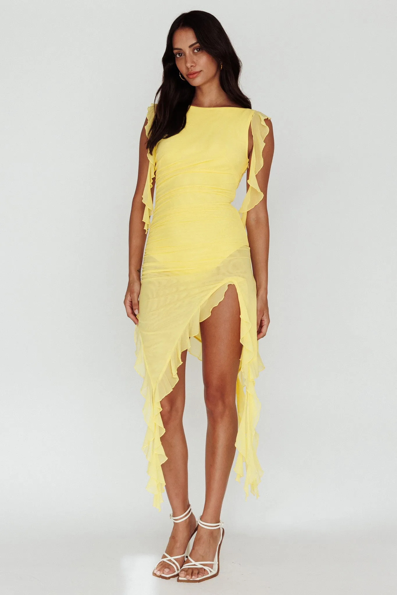 After Party Sleeveless Ruffle Trim Mini Dress Lemon