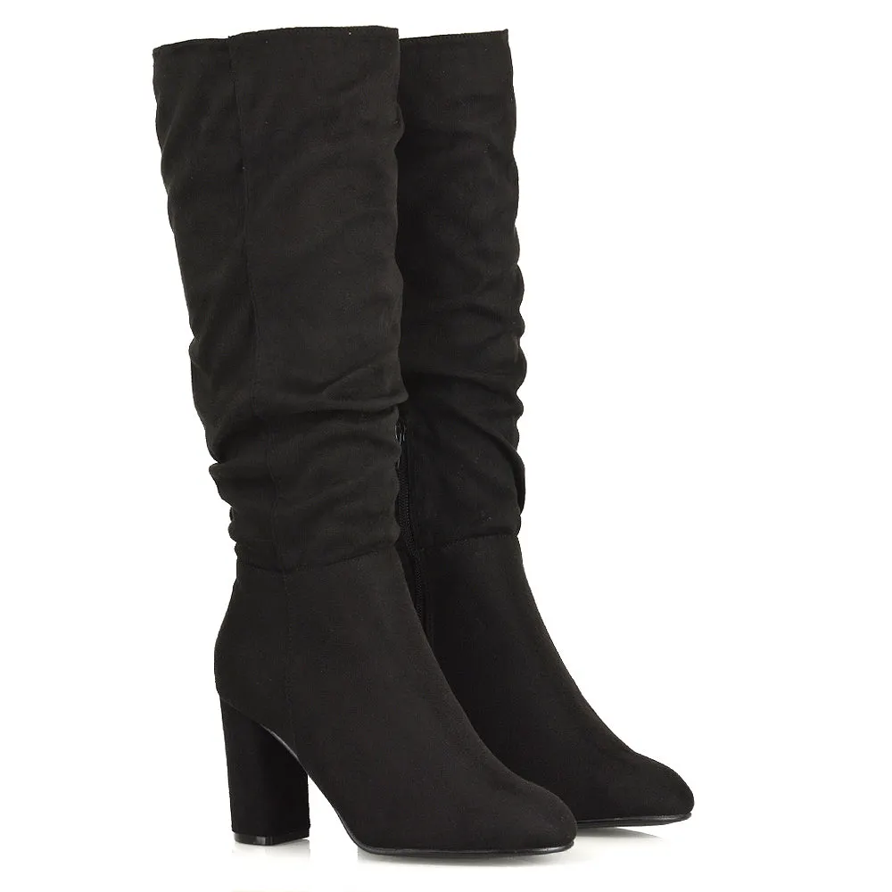 Alana Ruched Zip-up Winter Block Below the Knee High Heeled Long Boots in Black PU