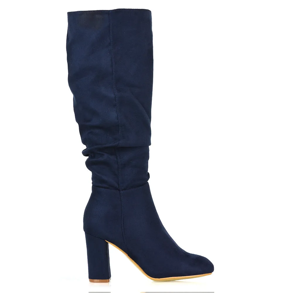 Alana Ruched Zip-up Winter Block Below the Knee High Heeled Long Boots in Black PU