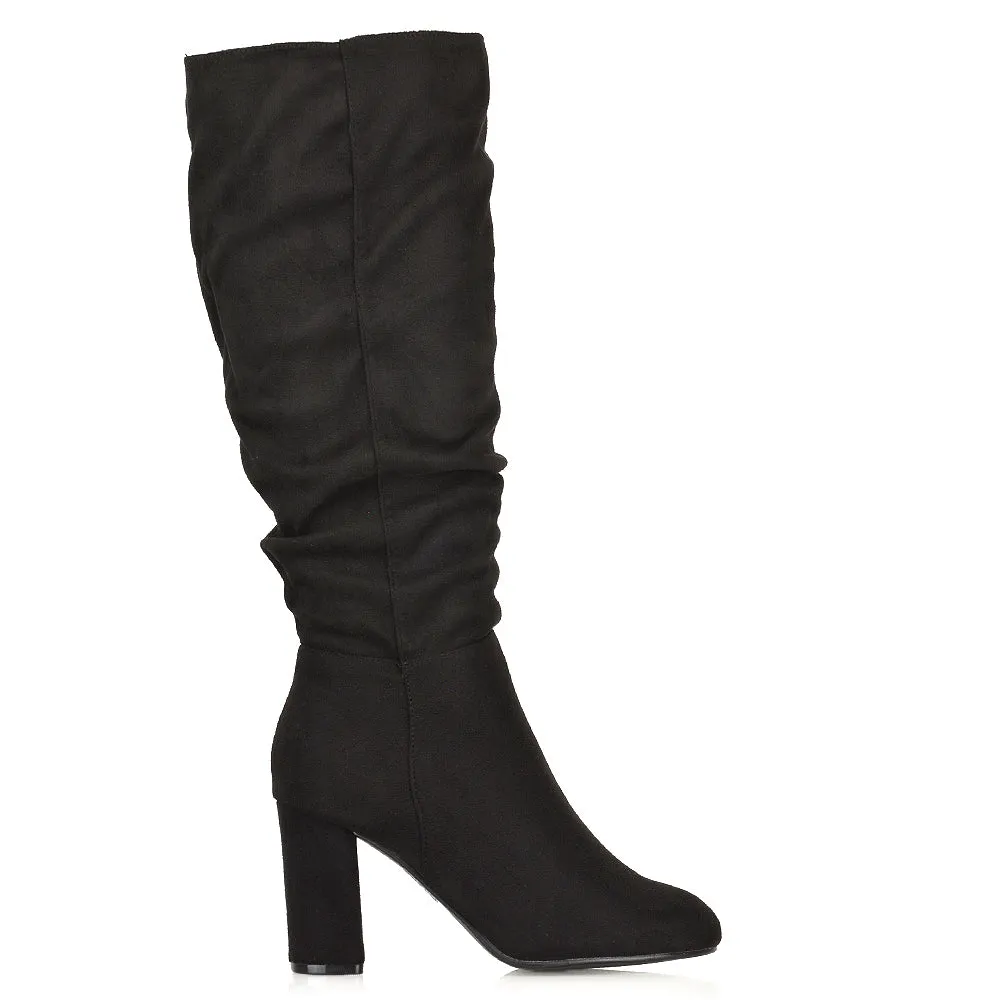 Alana Ruched Zip-up Winter Block Below the Knee High Heeled Long Boots in Black PU