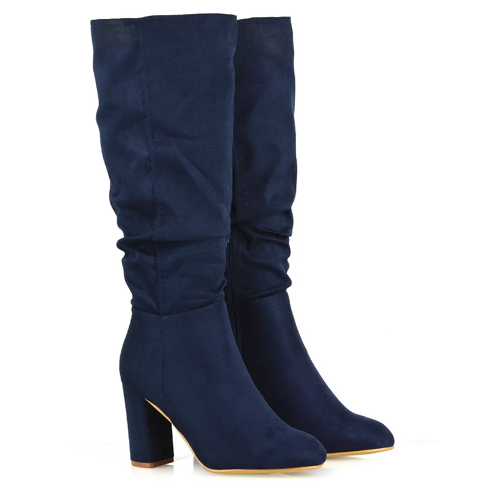 Alana Ruched Zip-up Winter Block Below the Knee High Heeled Long Boots in Black PU