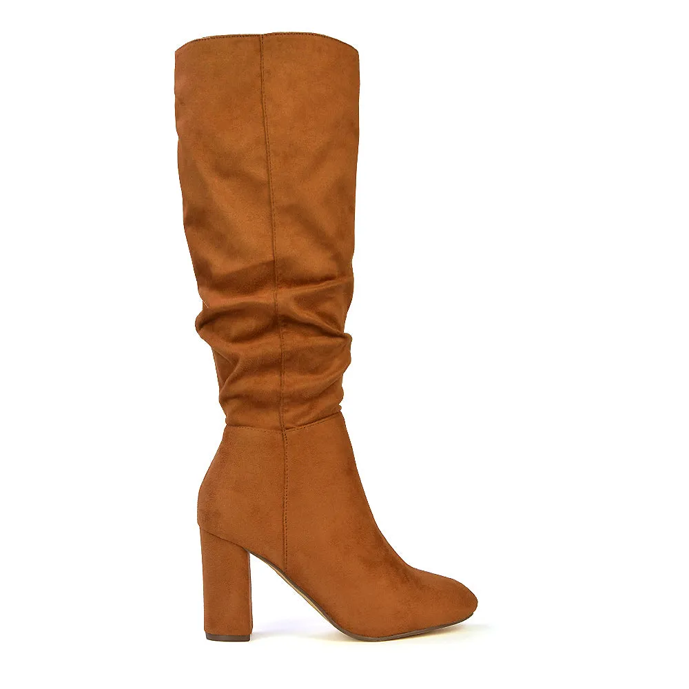 Alana Ruched Zip-up Winter Block Below the Knee High Heeled Long Boots in Tan