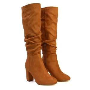 Alana Ruched Zip-up Winter Block Below the Knee High Heeled Long Boots in Tan