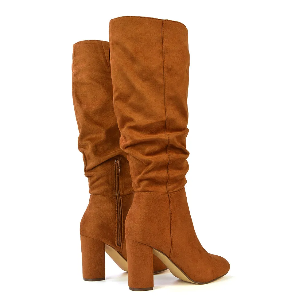 Alana Ruched Zip-up Winter Block Below the Knee High Heeled Long Boots in Tan