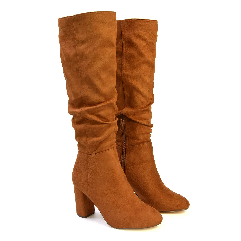 Alana Ruched Zip-up Winter Block Below the Knee High Heeled Long Boots in Tan