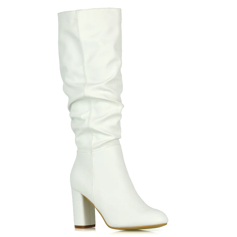 Alana Ruched Zip-up Winter Block Below the Knee High Heeled Long Boots in White