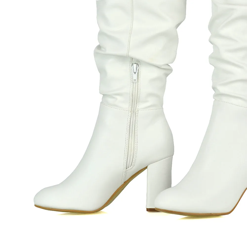 Alana Ruched Zip-up Winter Block Below the Knee High Heeled Long Boots in White