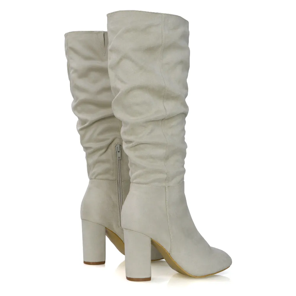 Alana Ruched Zip-up Winter Block Below the Knee High Heeled Long Boots in White