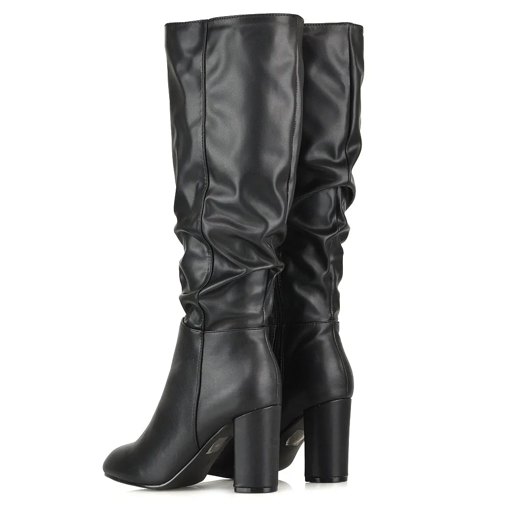 Alana Ruched Zip-up Winter Block Below the Knee High Heeled Long Boots in White