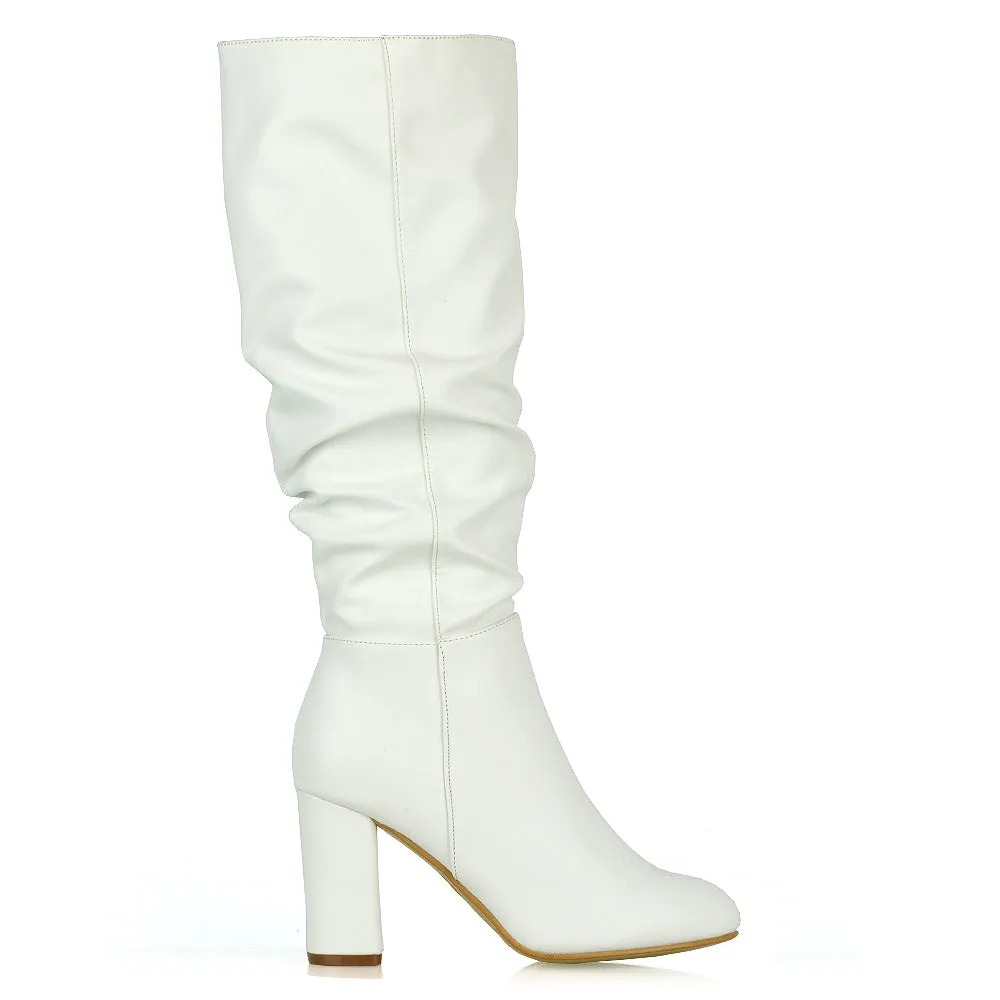 Alana Ruched Zip-up Winter Block Below the Knee High Heeled Long Boots in White