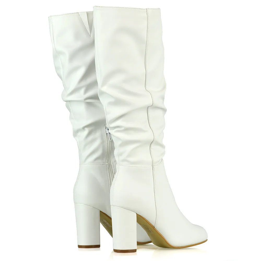 Alana Ruched Zip-up Winter Block Below the Knee High Heeled Long Boots in White