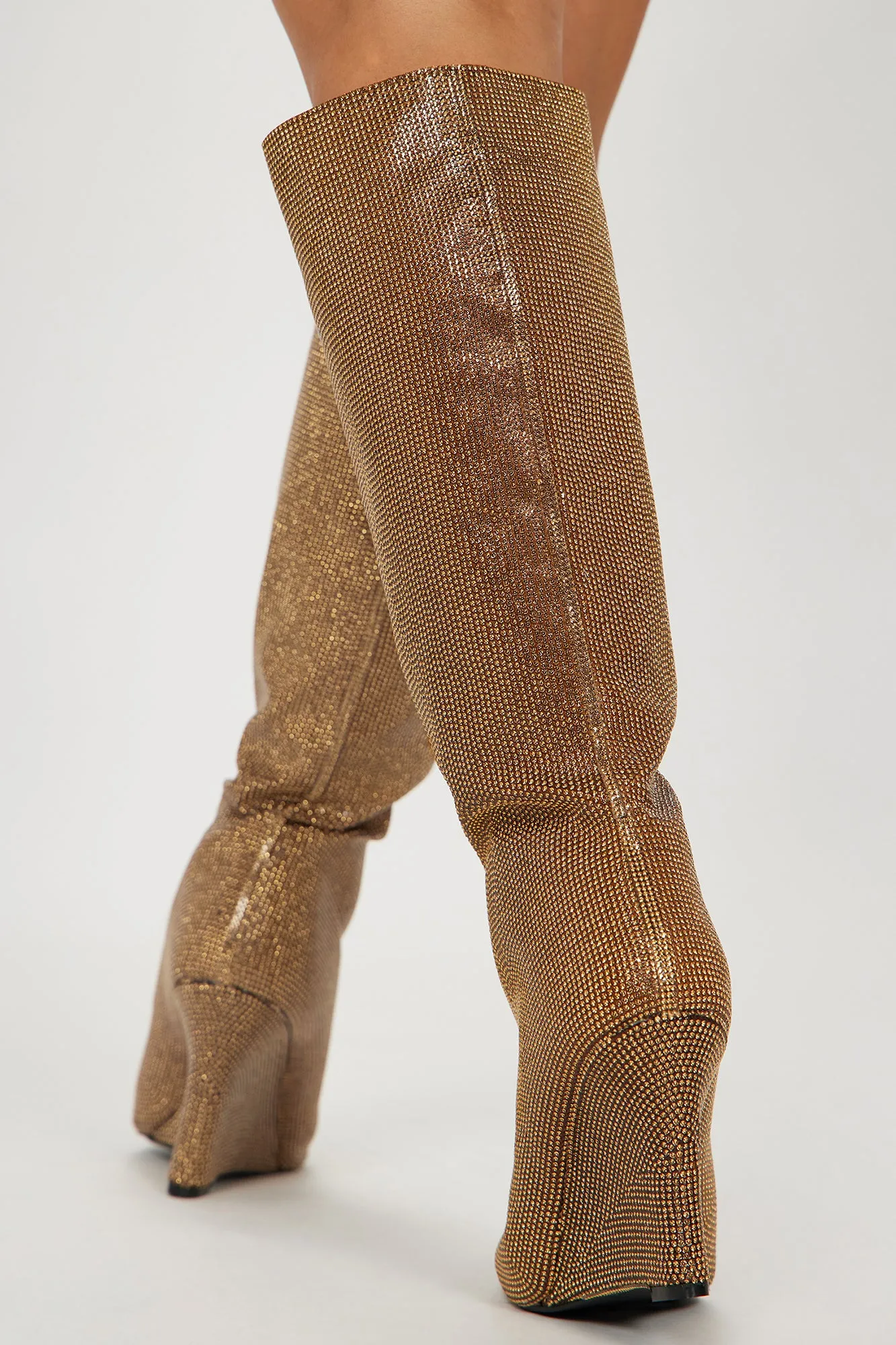 All The Glam Rhinestone Knee High Boots - Gold