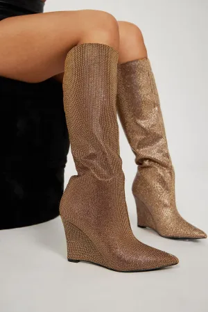 All The Glam Rhinestone Knee High Boots - Gold