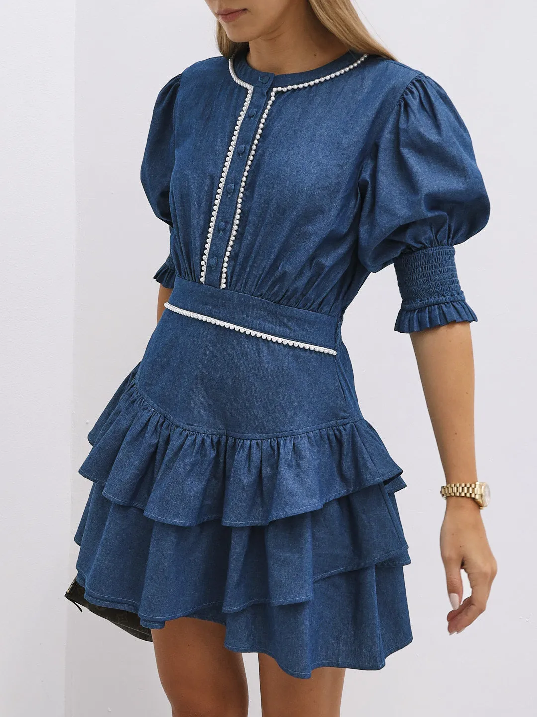 Allegra Chambray Dress With Pearl Trim | Denim