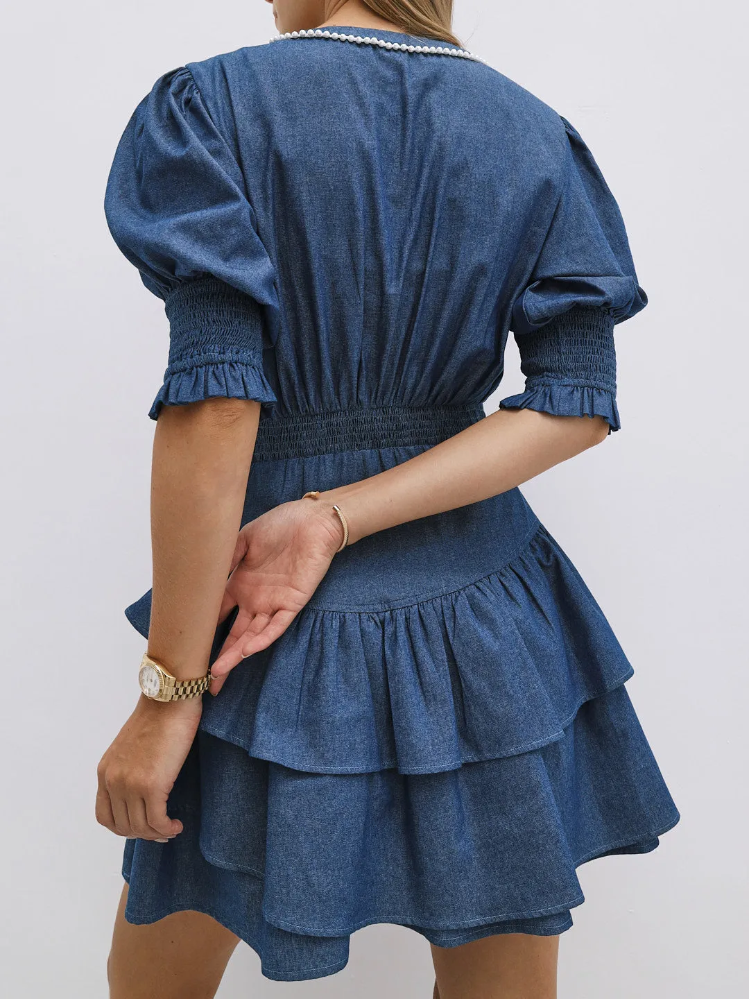 Allegra Chambray Dress With Pearl Trim | Denim