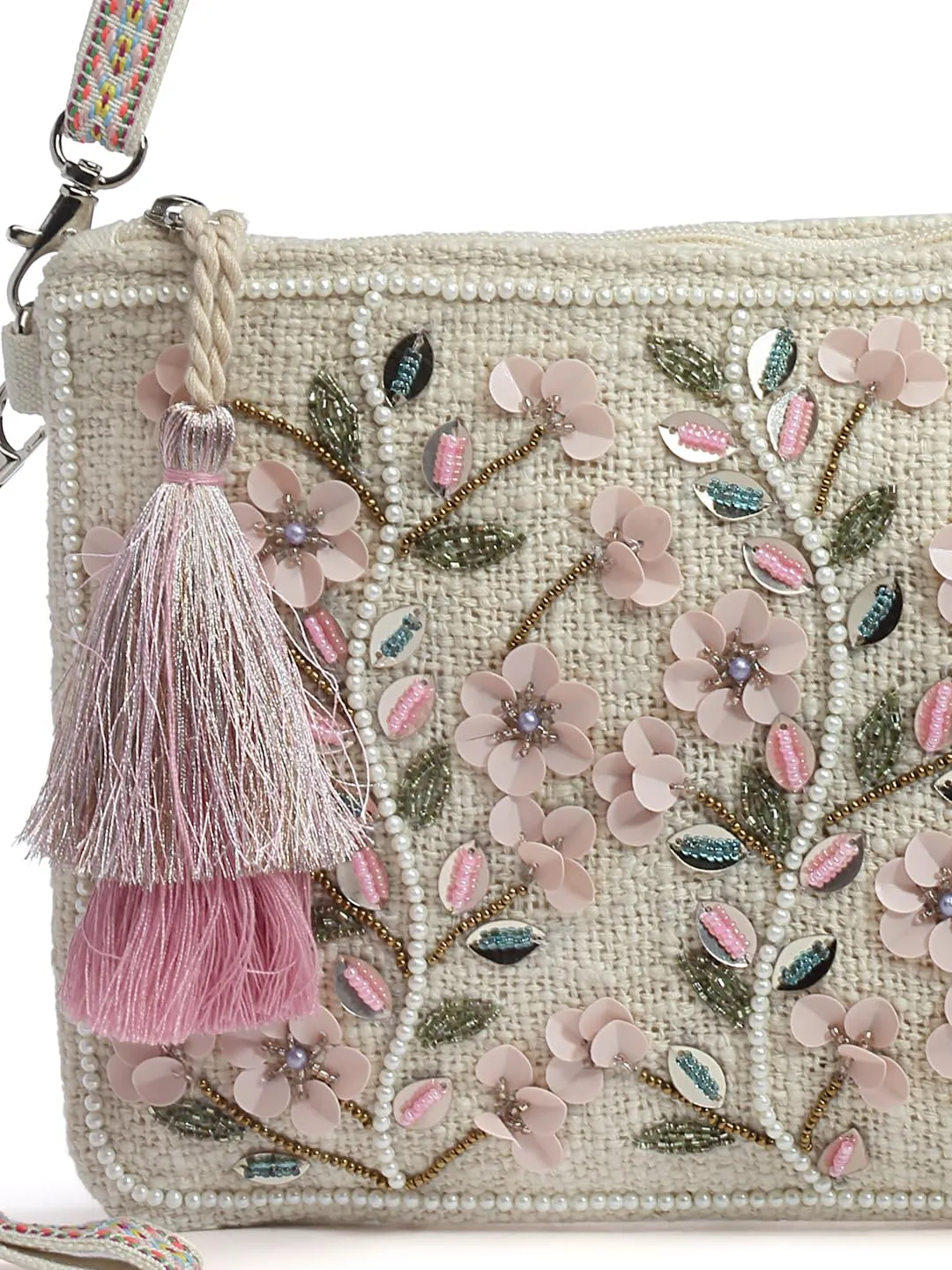 Anekaant Boho Natural, Pastel Pink & Multi Floral Bead Work Cotton Sling Bag