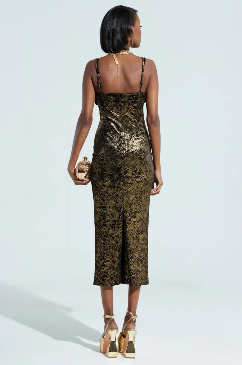 ANGELA SNAKEPRINT VELVET MIDI DRESS