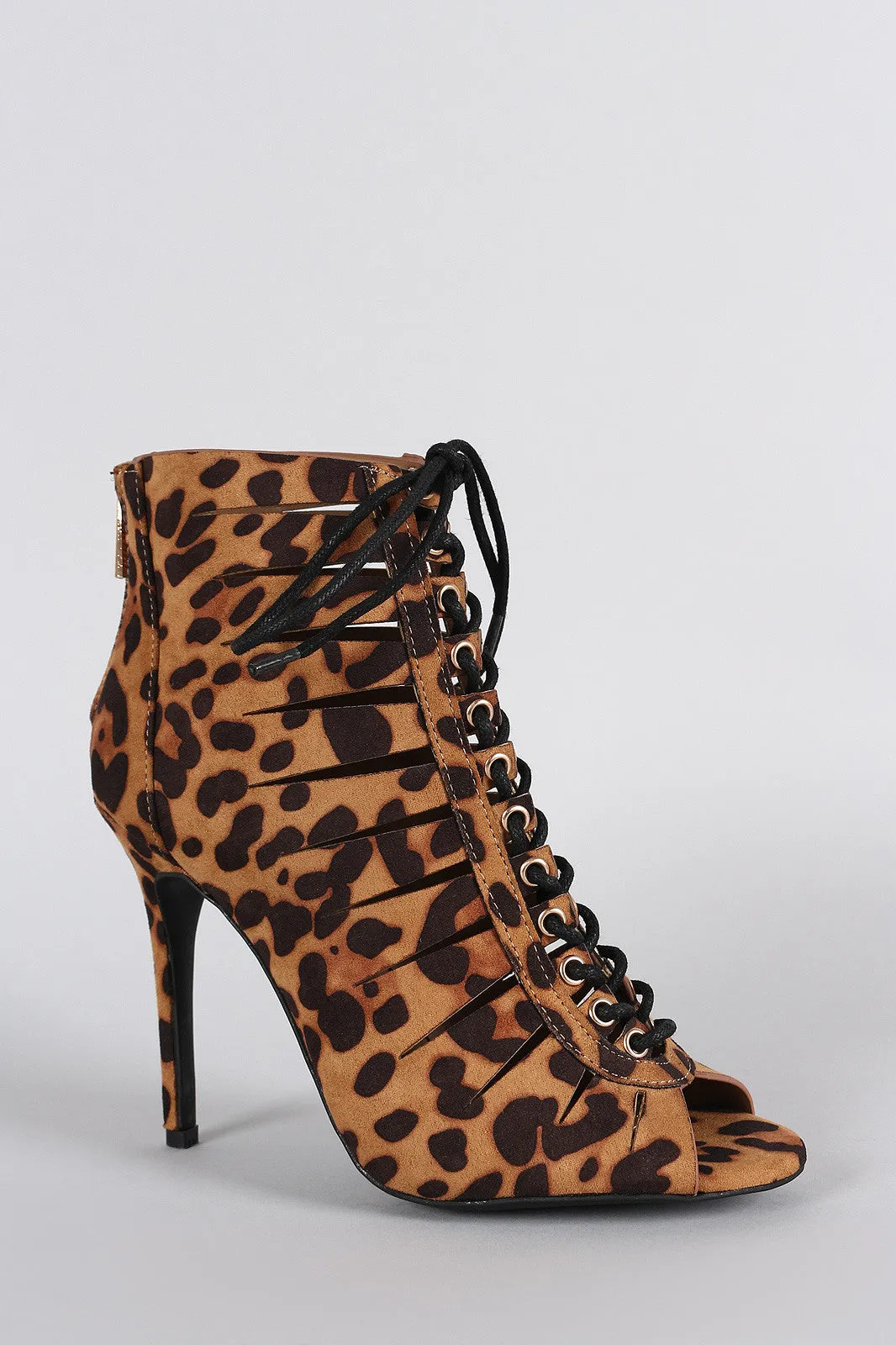 Anne Michelle Leopard Slit Lace Up Peep Toe Bootie