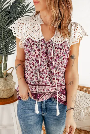 *APP EXCLUSIVE* Floral Tassel Tie Eyelet Blouse