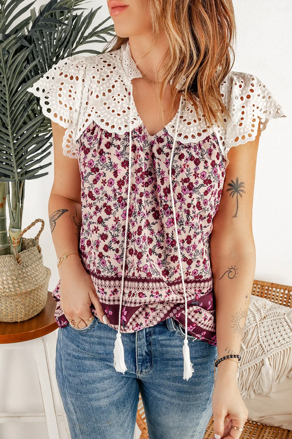 *APP EXCLUSIVE* Floral Tassel Tie Eyelet Blouse