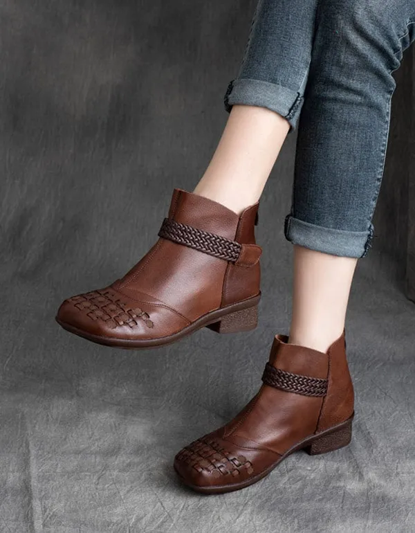 Autumn Handmade Woven Thick Heel Short Boots