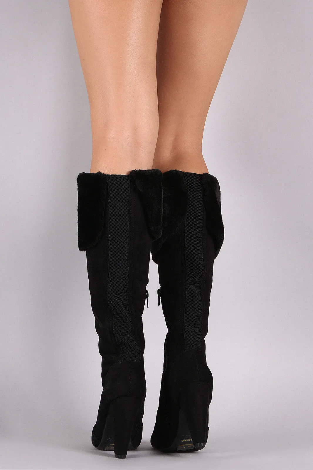 Bamboo Faux Fur Cuff Suede Heeled Knee High Boots