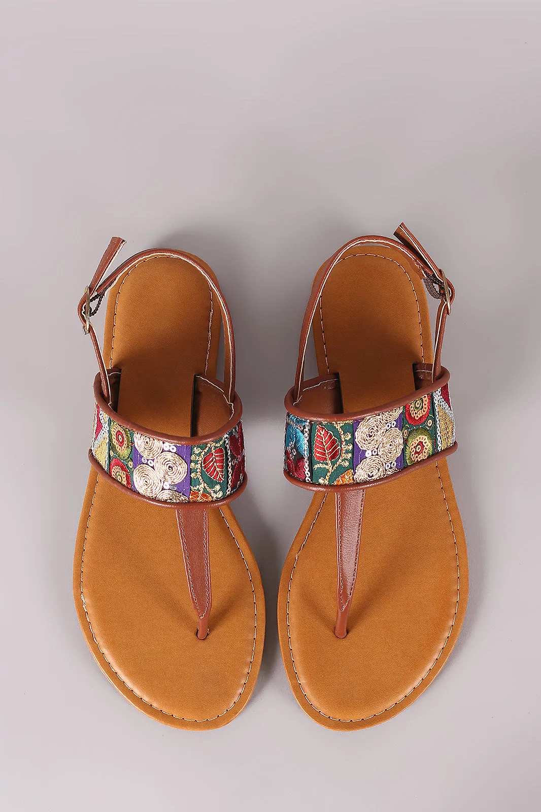 Bamboo T-Strap Embroidered Flat Sandal