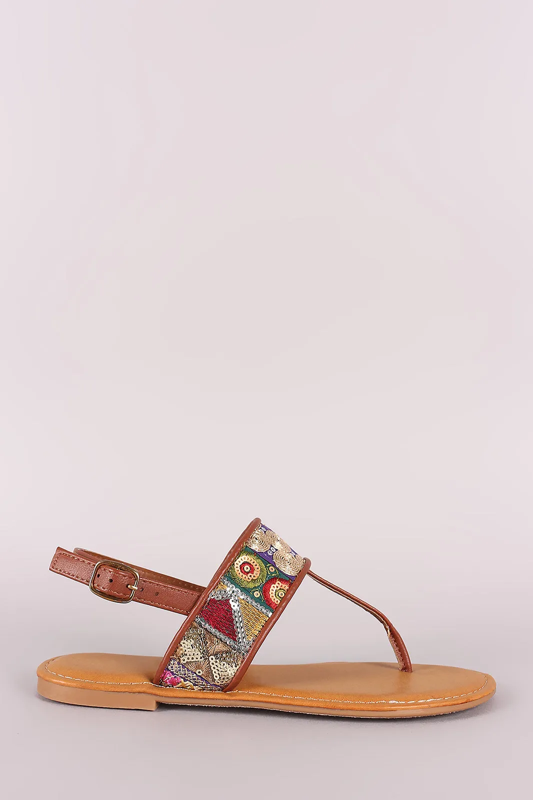 Bamboo T-Strap Embroidered Flat Sandal