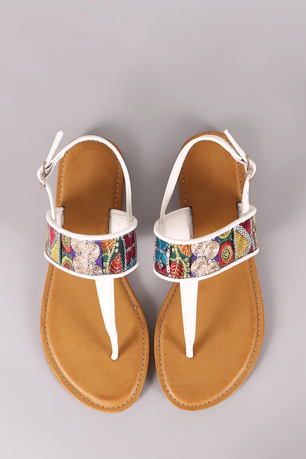 Bamboo T-Strap Embroidered Flat Sandal