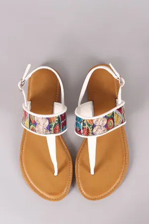 Bamboo T-Strap Embroidered Flat Sandal