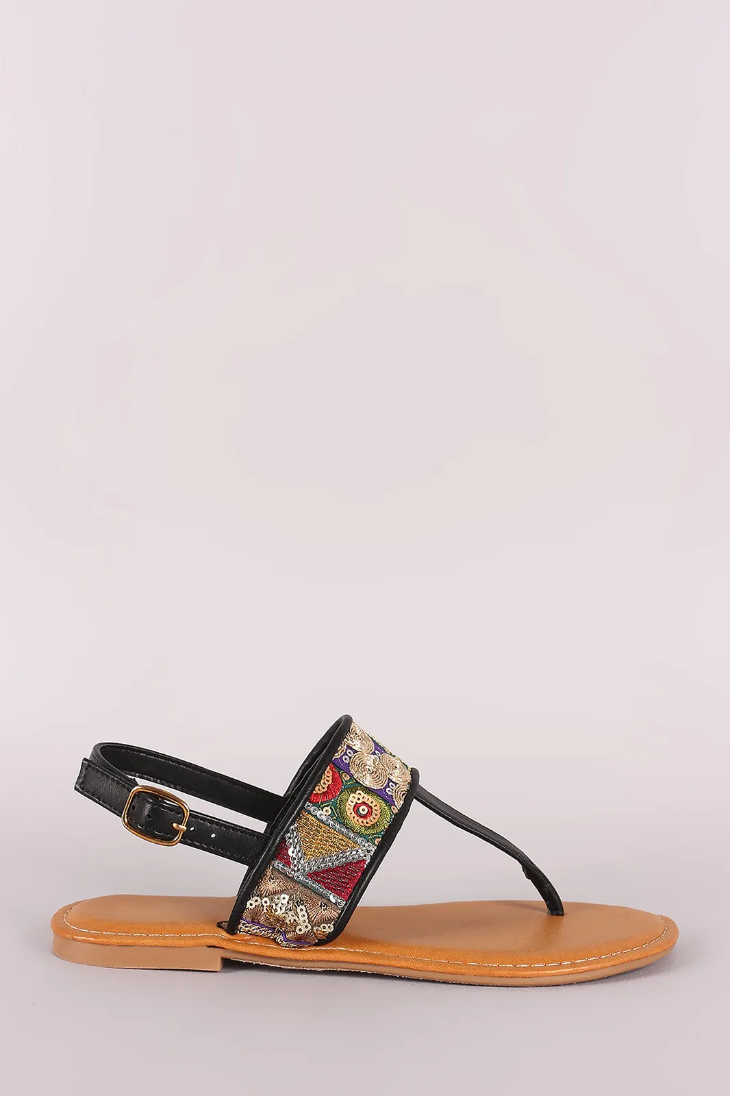 Bamboo T-Strap Embroidered Flat Sandal