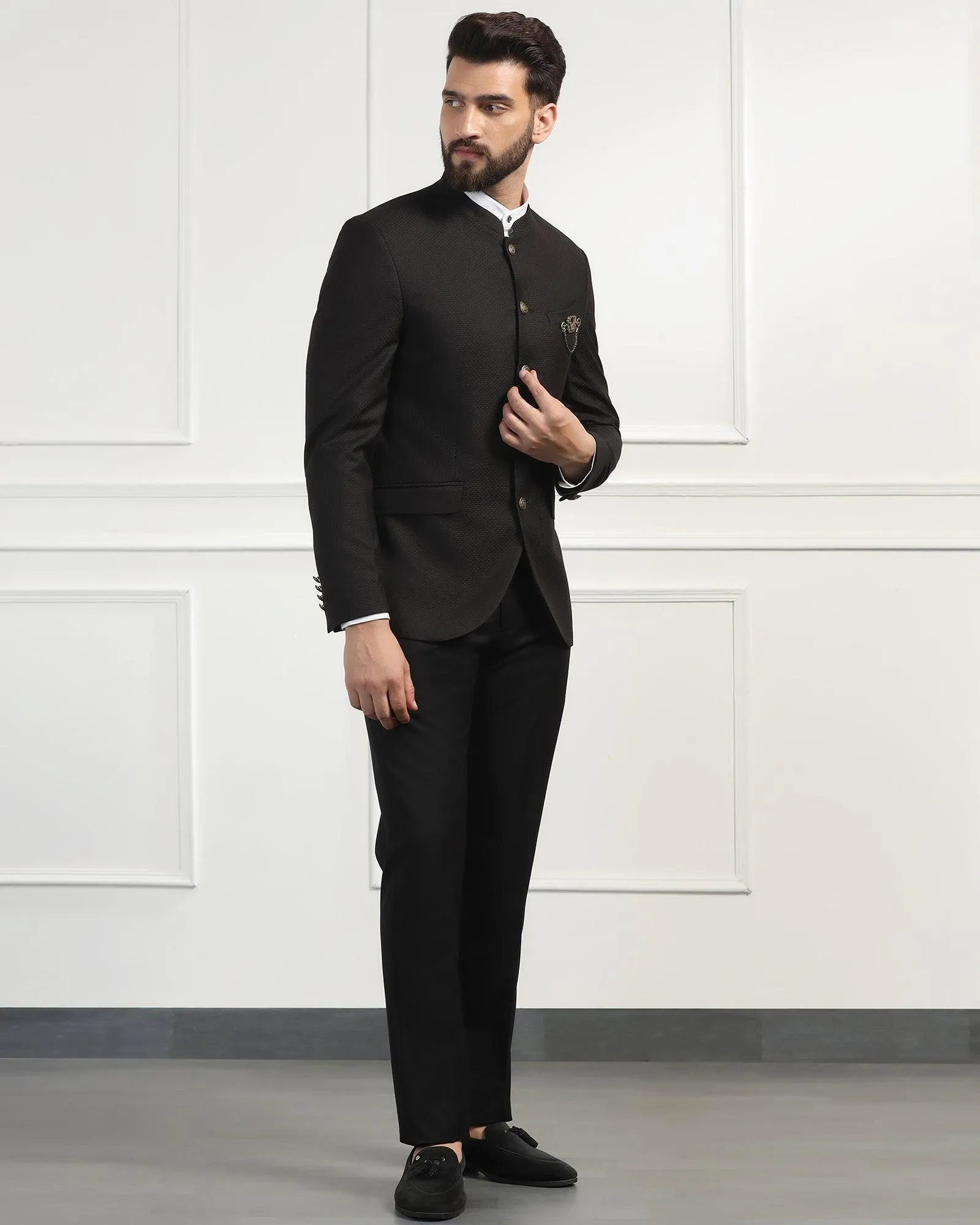 Bandhgala Two Piece Black Textured Formal Suit - Ferris