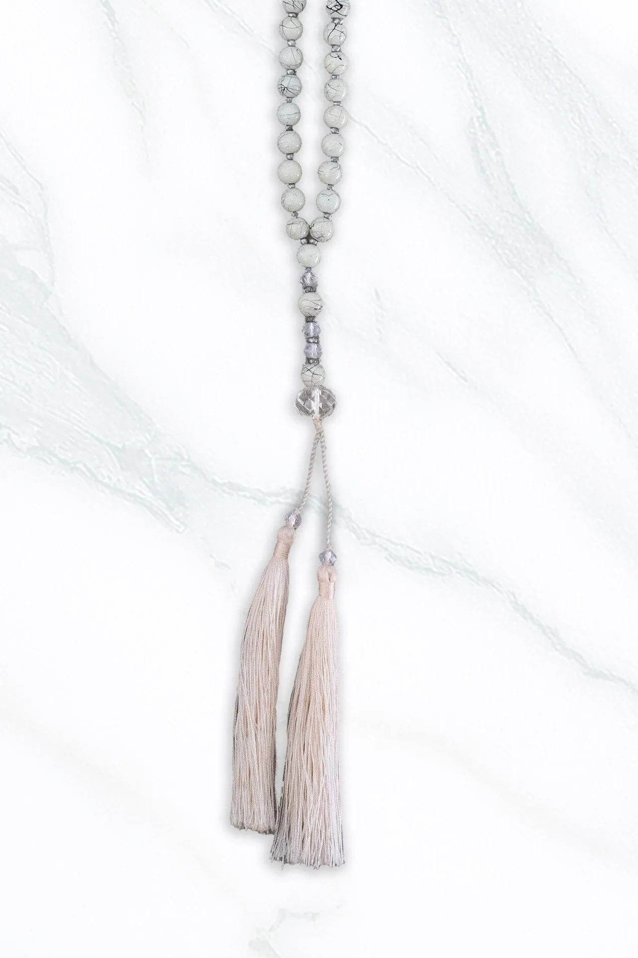 Beige & Crystal Beaded Tassel Necklace