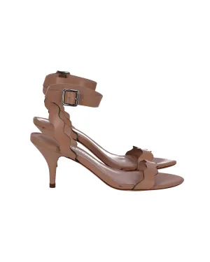 Beige Leather Kitten Heel Sandals with Wavy Ankle Strap