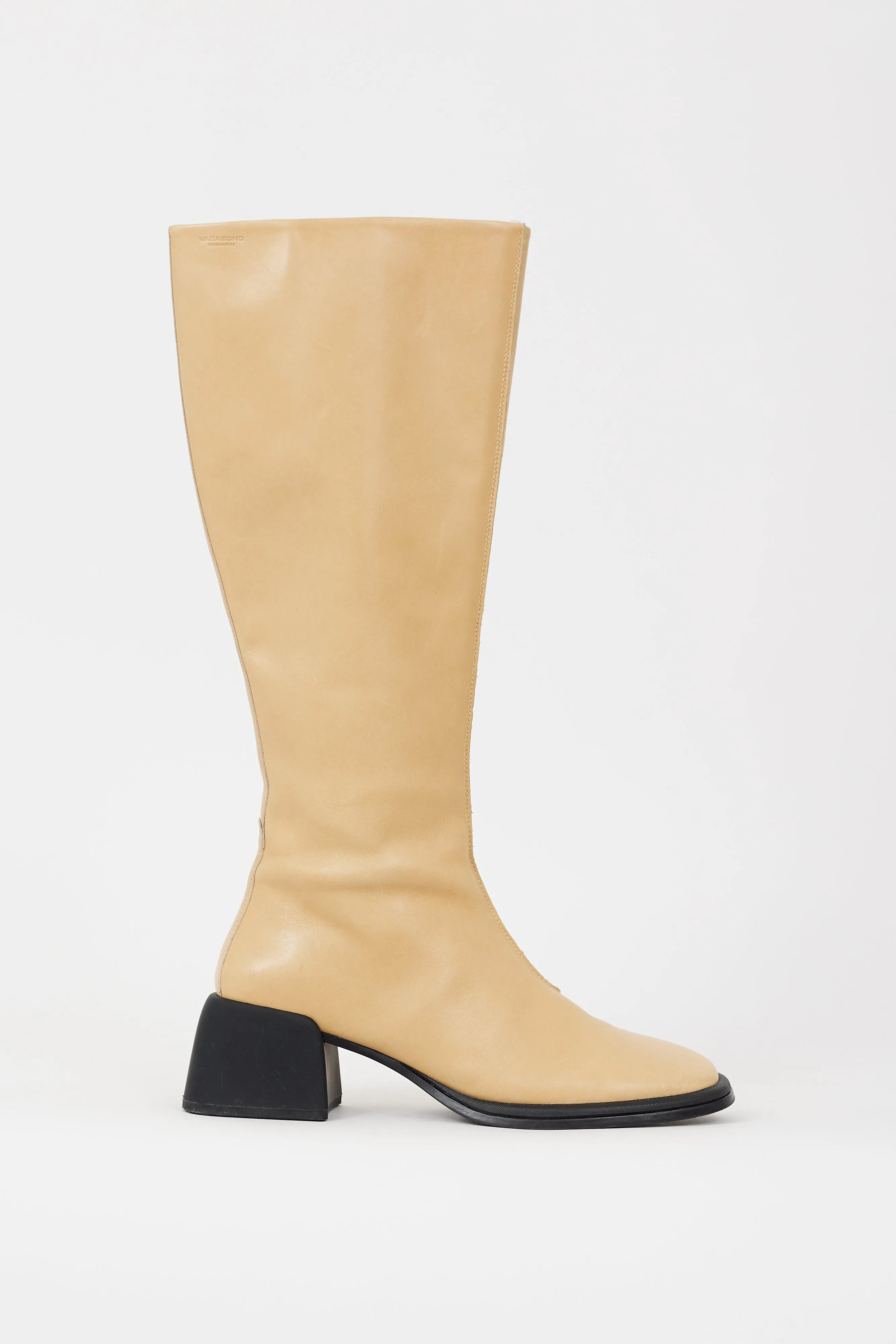 Beige Leather Knee High Zipped Boot