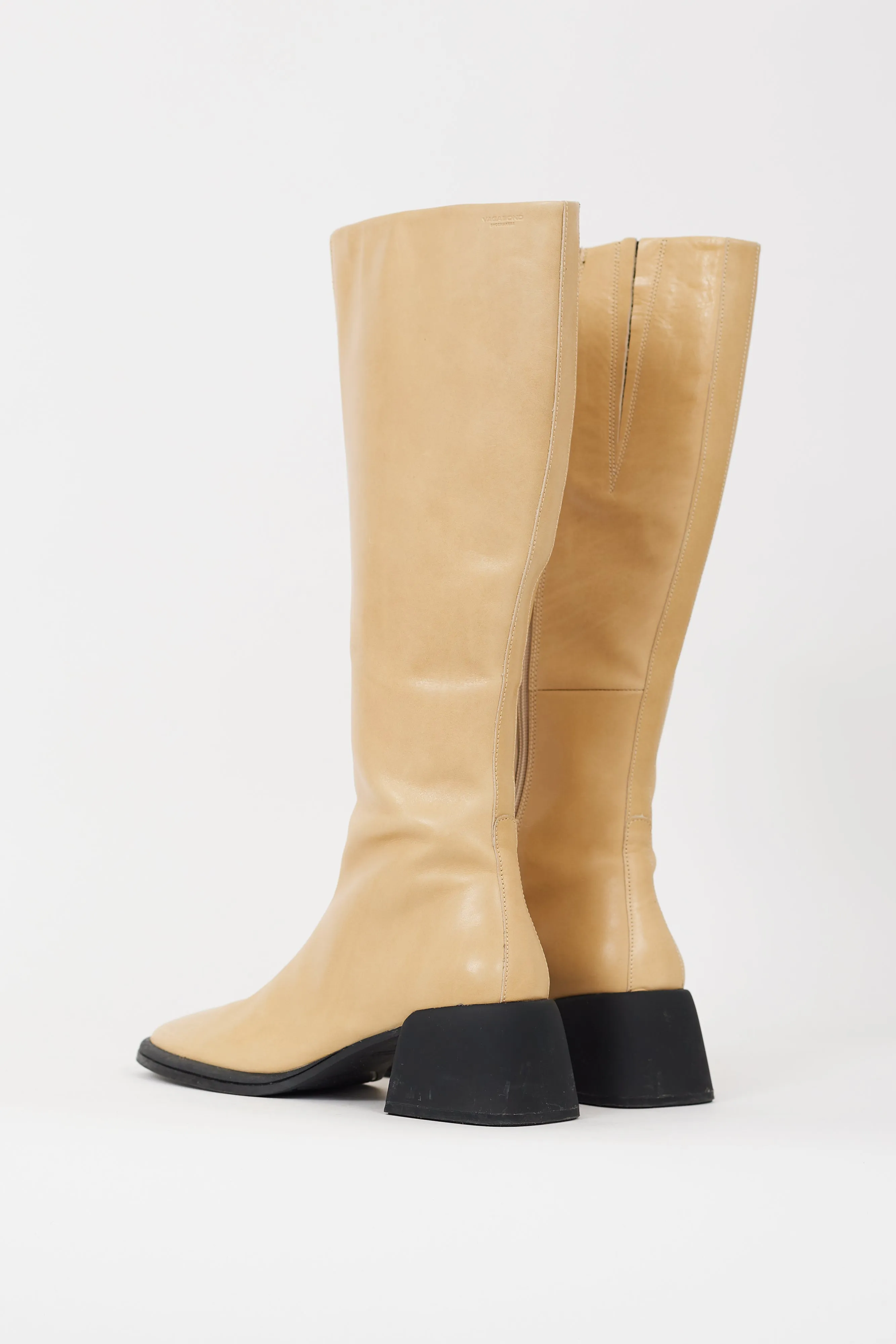 Beige Leather Knee High Zipped Boot