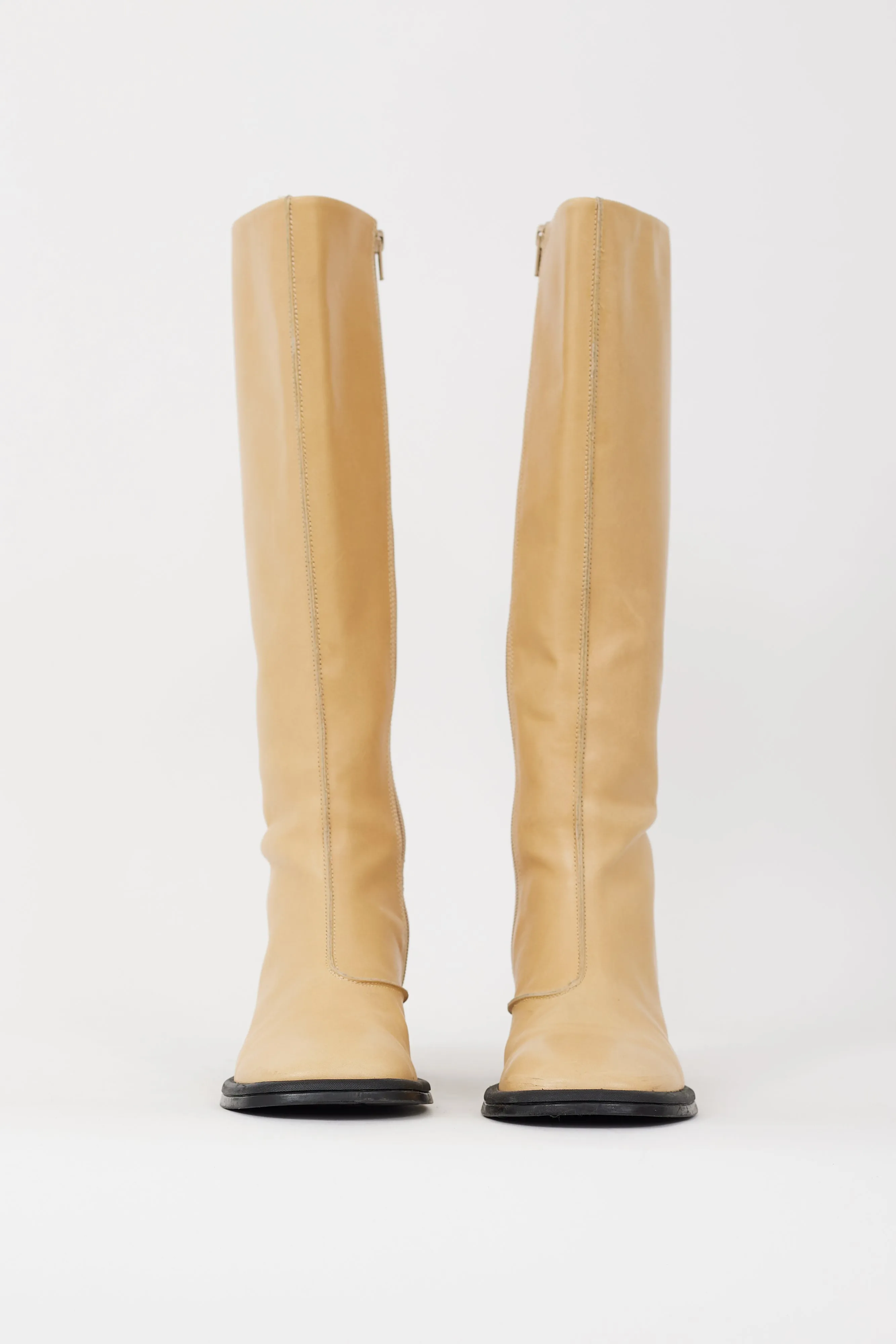 Beige Leather Knee High Zipped Boot