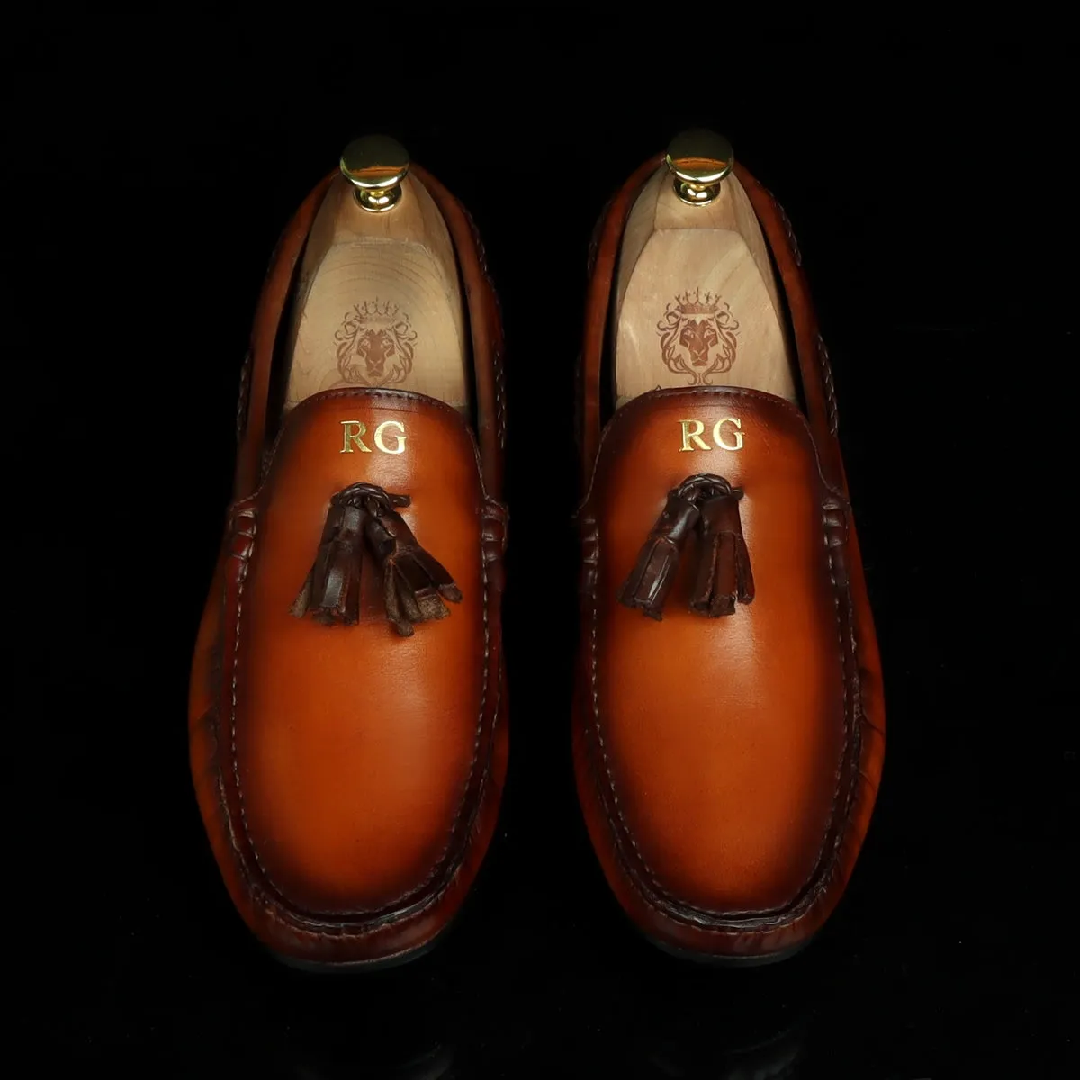 Bespoke "RG" Initial Men's Tan Leather Tassel Moccasins Loafers By Brune & Bareskin