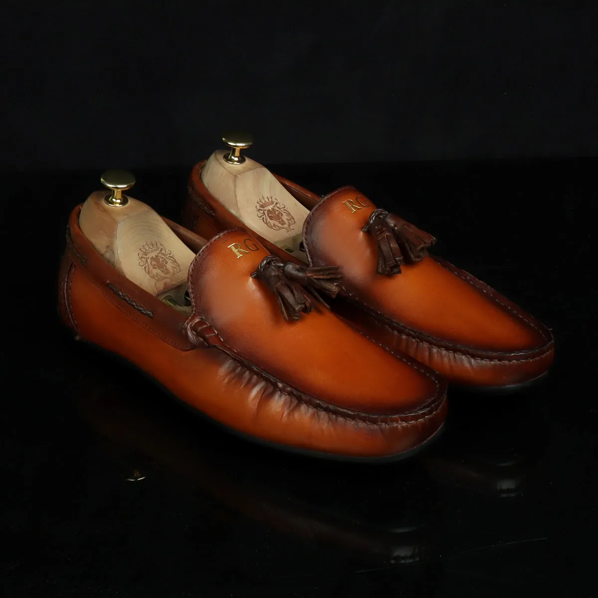 Bespoke "RG" Initial Men's Tan Leather Tassel Moccasins Loafers By Brune & Bareskin