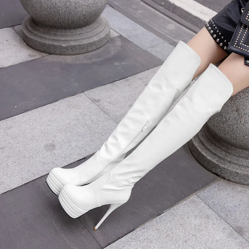 Bigsizeheels Waterproof covered knee-high heel boots - White