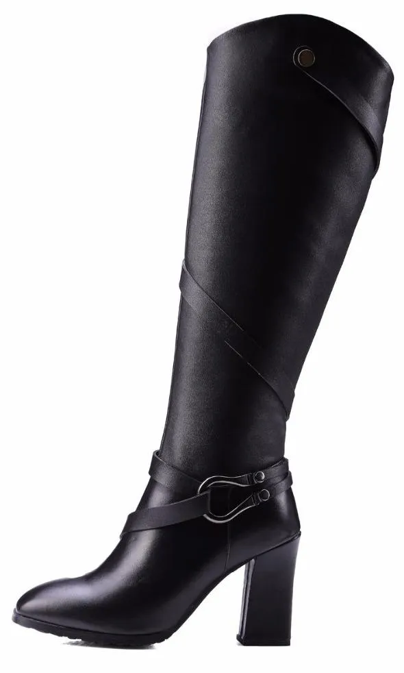 Black Buckle Strap Leather Knee-High Riding Boots