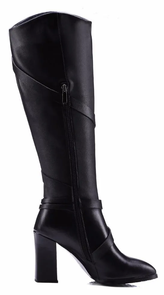 Black Buckle Strap Leather Knee-High Riding Boots